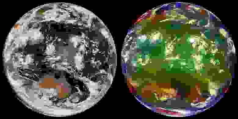Слева – естественные цвета + выровнена яркость по видимому диску.Справа – псевдоцвета Airmass RGB, R = 6,2-7,3 мкм G = 9,6-10,4 мкм B = 6,2 мкм.