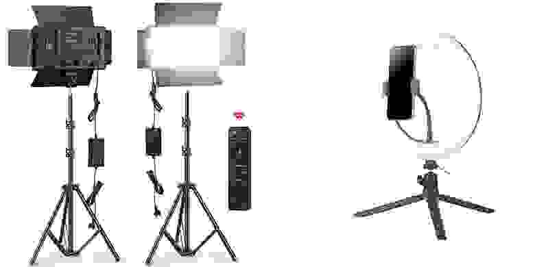 Слева модель U600 (в жизни она не такая громоздкая), справа – обычный круговой светильник с держателем для камеры или смартфона