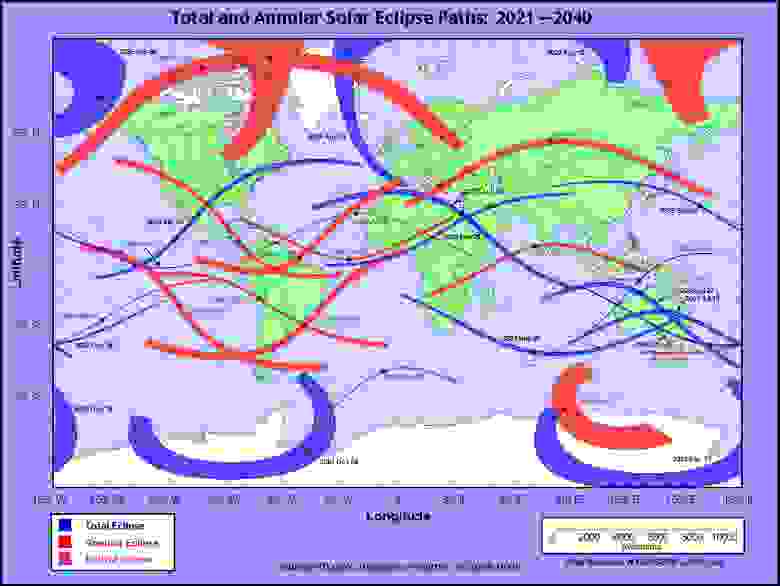 Солнечные затмения (полосы их максимальных фаз) в период с 2021 по 2024 год