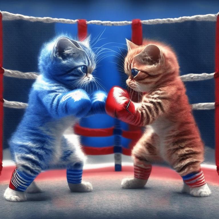 Результат генерации по запросу "Chatgpt 3 и chatgpt4 дерутся на ринге в виде котят в красных и синих шортах", стиль: anime
