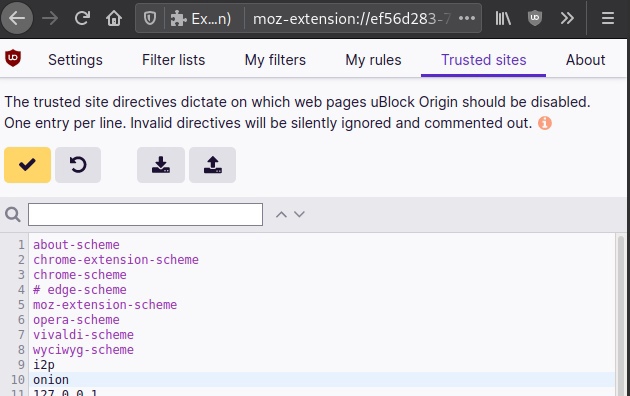 Добавляем в uBlock Origin исключения для доменов i2p и onion