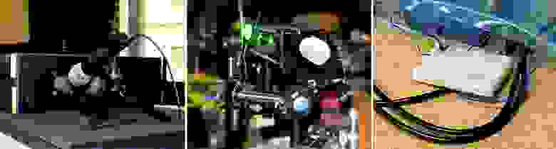 микрофон указывает на чёрный ящик с небольшой металлической пластиной; две руки держат печатную плату; зелёный лазер освещает зеркала и другие оптические компоненты