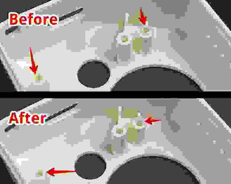 Заусенцы (облой) на соединительных втулках до и после коррекции штифтов
