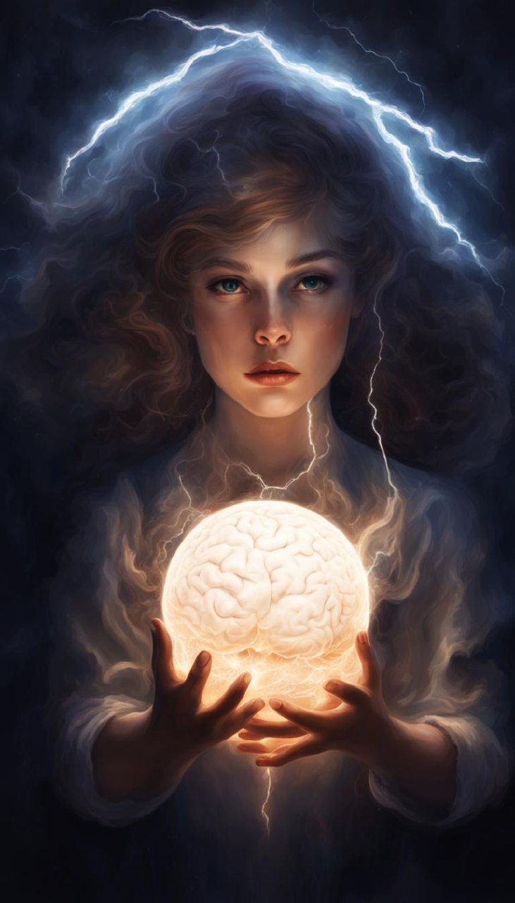Результат генерации по запросу "Девушка небесной красоты держащая в руках шар с мозгом внутри и вспышками молний