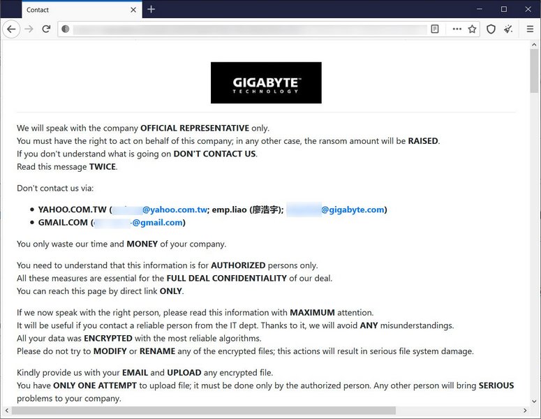 Страница обращения злоумышленников к сотрудникам Gigabyte / Bleeding Computer