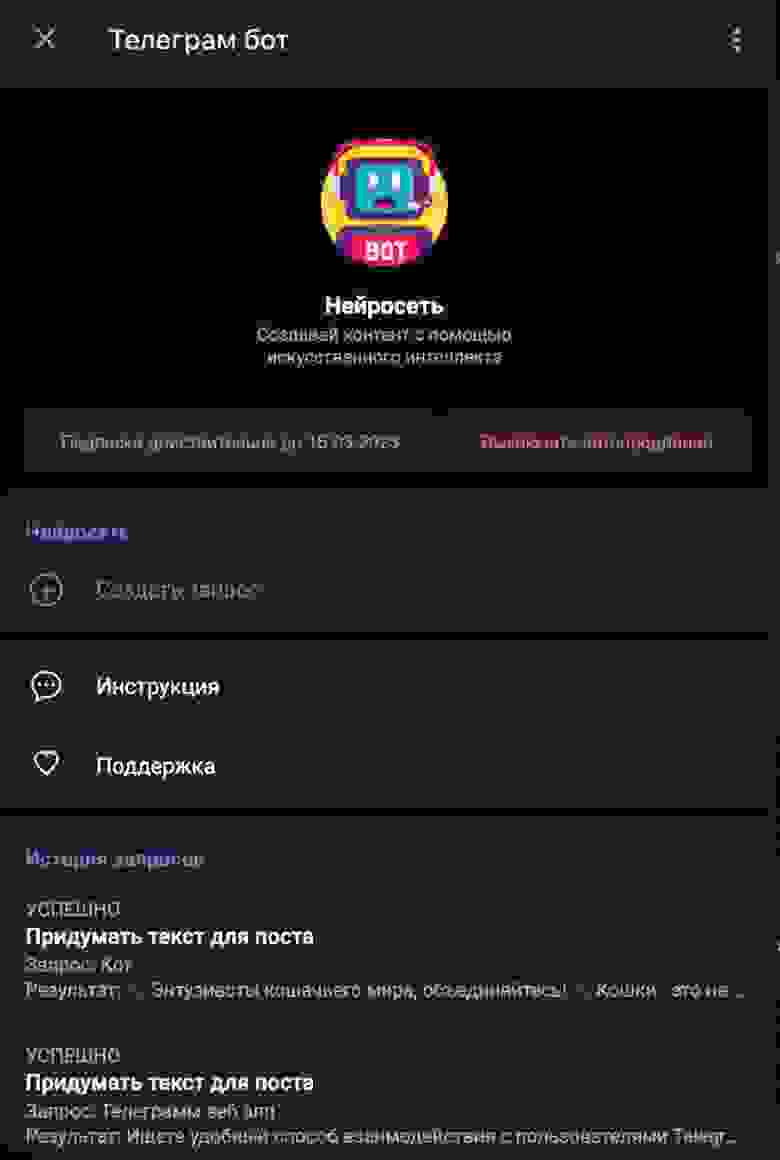 Интерфейс информации о боте