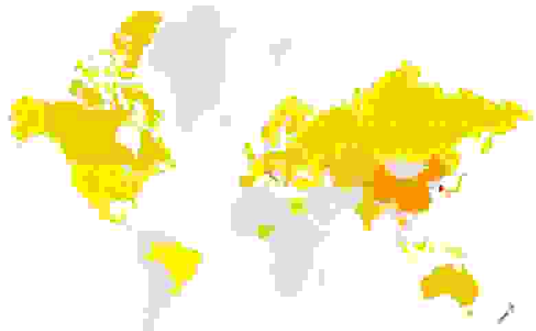 Аналогичная тепловая карта по миру относительно русскоязычных запросов