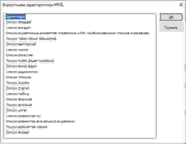JAWS отображает окно Виртуальные характеристики HTML в виде списка режимов. Текущий элемент Ориентиры