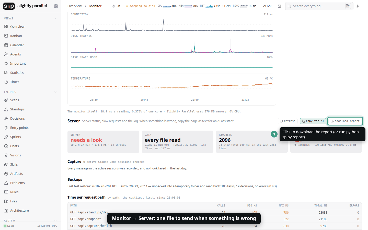 Кнопка download report и полученный Markdown-файл