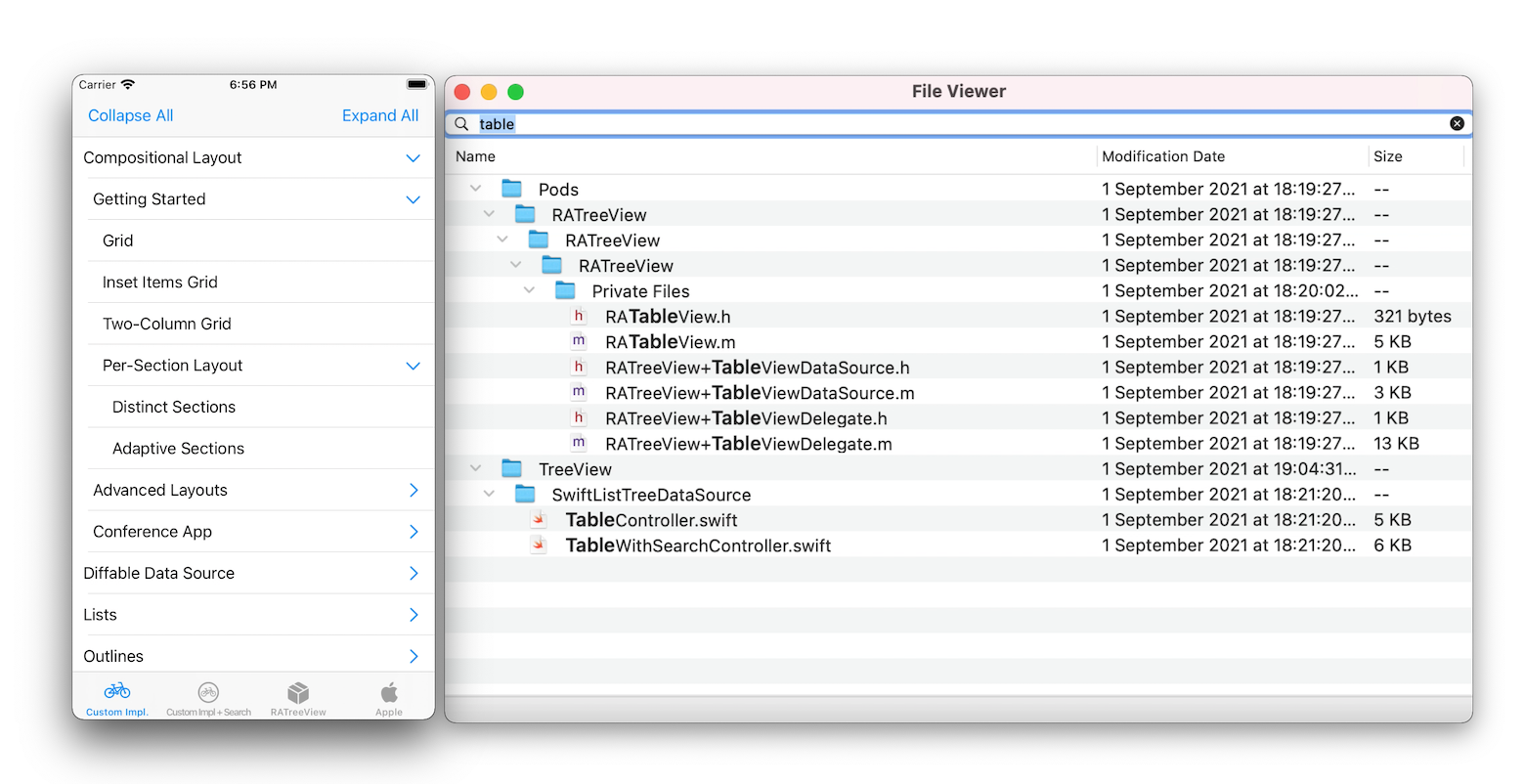Демонстрация работы в приложениях TreeView (iOS) и FileViewer (macOS)