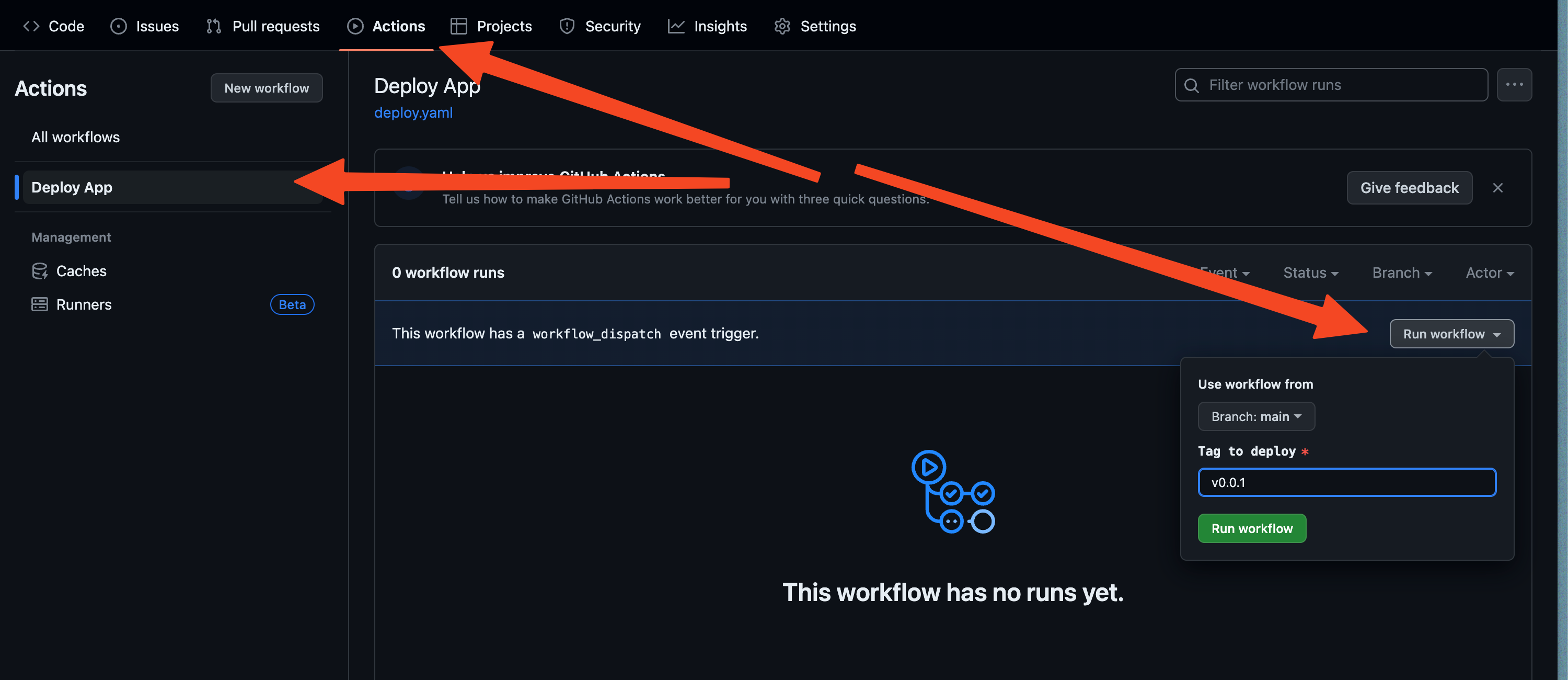 В проекте на GitHub открываем секцию Actions и в списке Workflow выбираем свой Deploy App