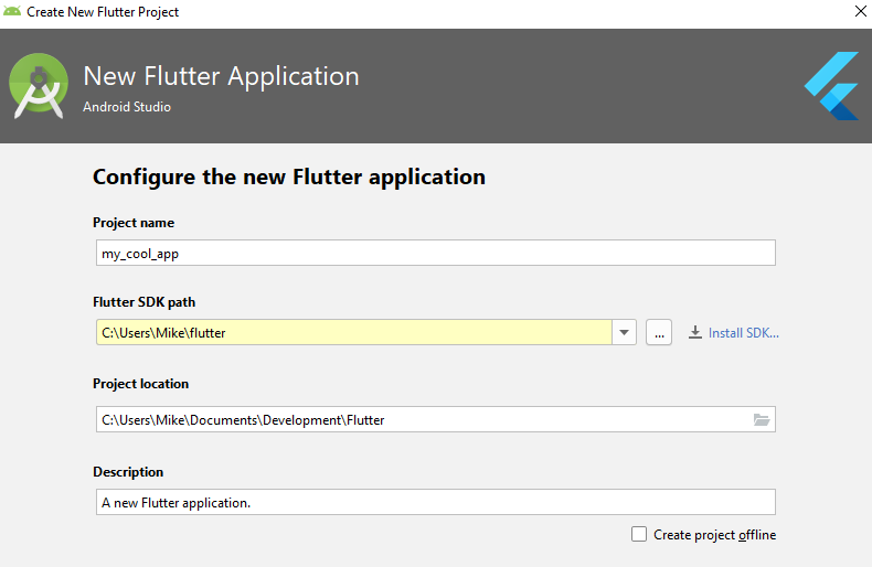 Elegir un nombre de proyecto Flutter en Android Studio