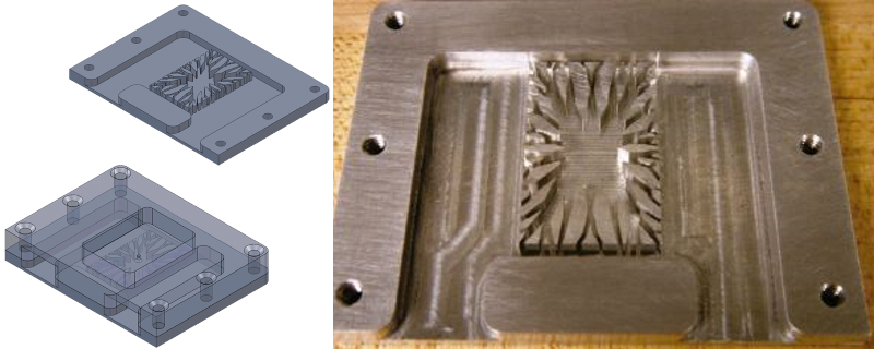 CAD-модель и прототип радиатора с микроканалами, изготовленный из алюминия