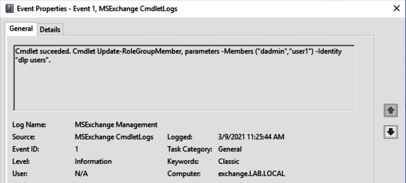Adding user dadmin to group dlp users (MSExchange Management log)