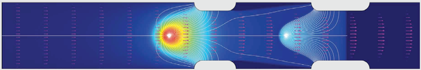 Визуализация результатов моделирования. Показано распределение электрического потенциала, вектора скорости и линии тока для потоков ионов