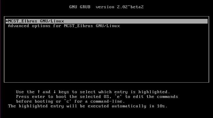 GRUB menu when booting the Elbrus OS from the Elbrus OS hard drive