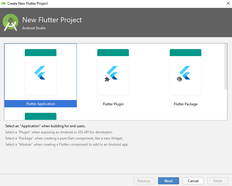 Выбор типа проекта Flutter в Android Studio