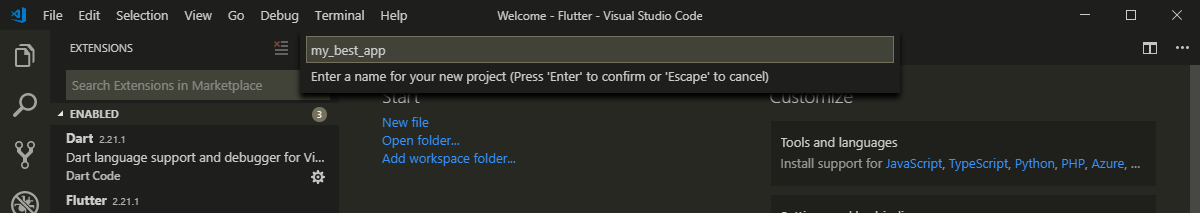 Nombre del proyecto Flutter en VS Code