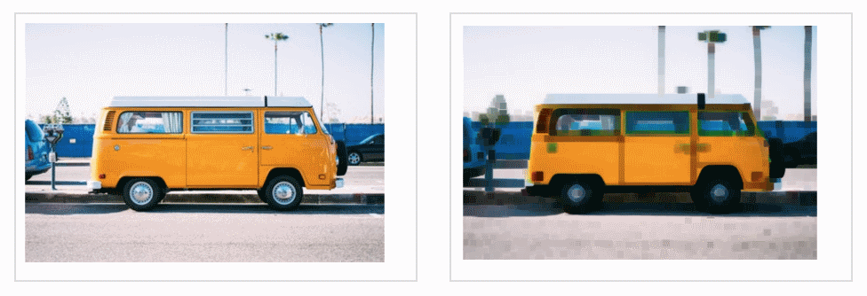 A la derecha, el resultado de aplicar el efecto de desenfoque de transformación a la imagen de la izquierda