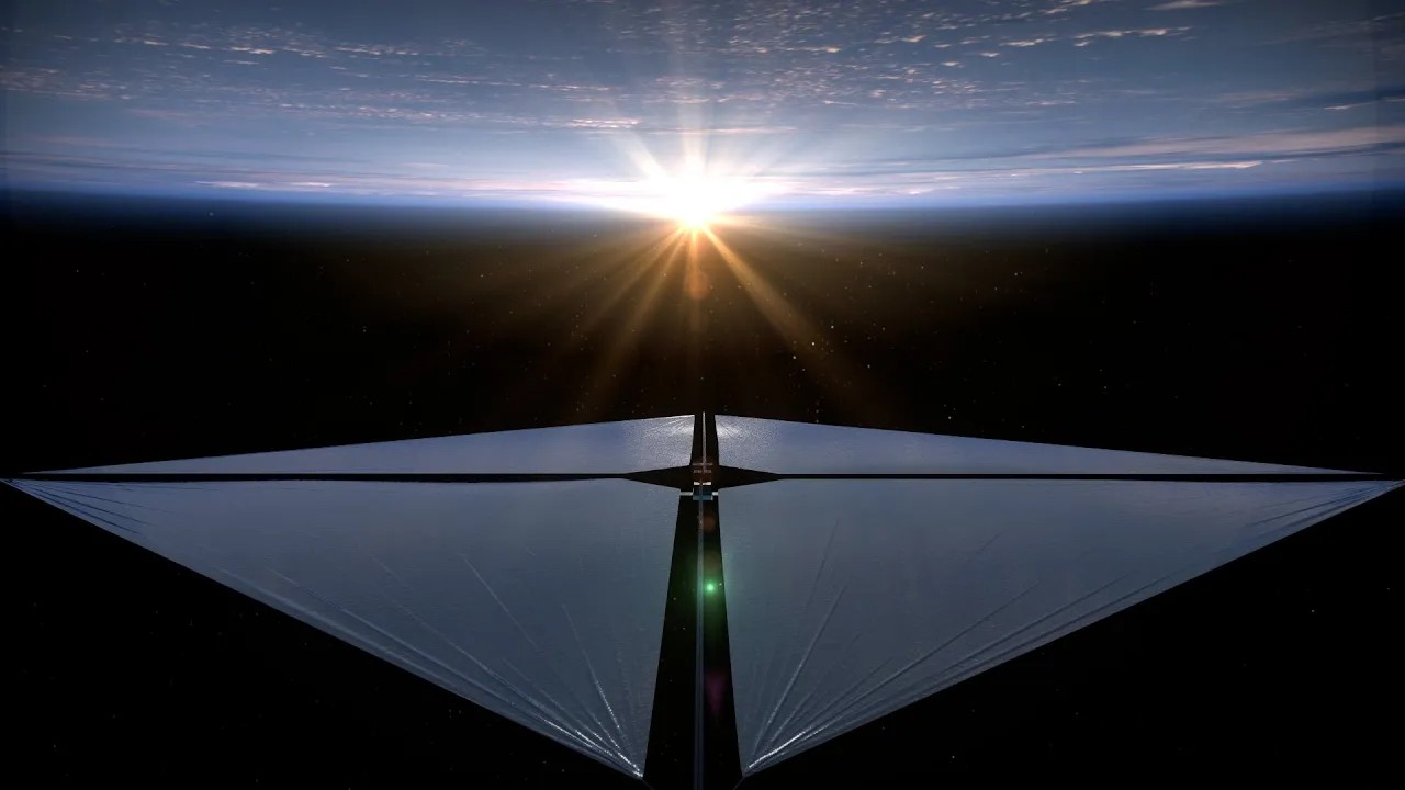  Концепция космического аппарата НАСА Advanced Composite Solar Sail System на орбите в момент, когда Солнце заходит за горизонт Земли.