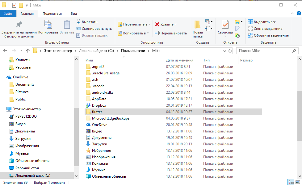 Flutter SDK в папке пользователя Windows