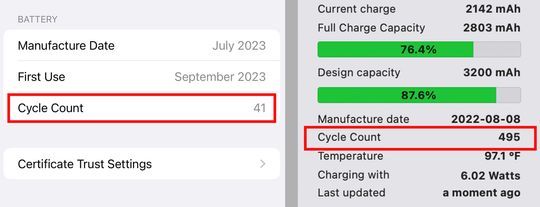 В моделях iPhone 15 количество циклов работы аккумулятора отображается в Настройках (слева). Чтобы увидеть количество циклов на более старых моделях iPhone, нужно повозиться или воспользоваться приложением для Mac, например CoconutBattery (справа).