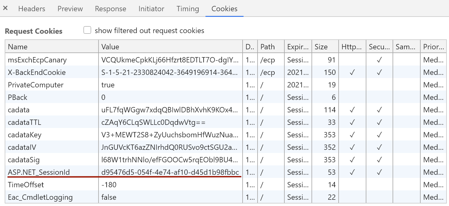 Значения cookie пользователя, авторизованного на сервисе ECP